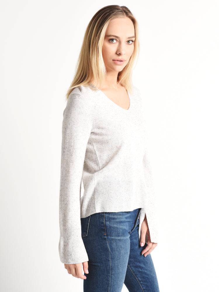 White+Warren Cashmere Slit Sleeve Tweed V Neck