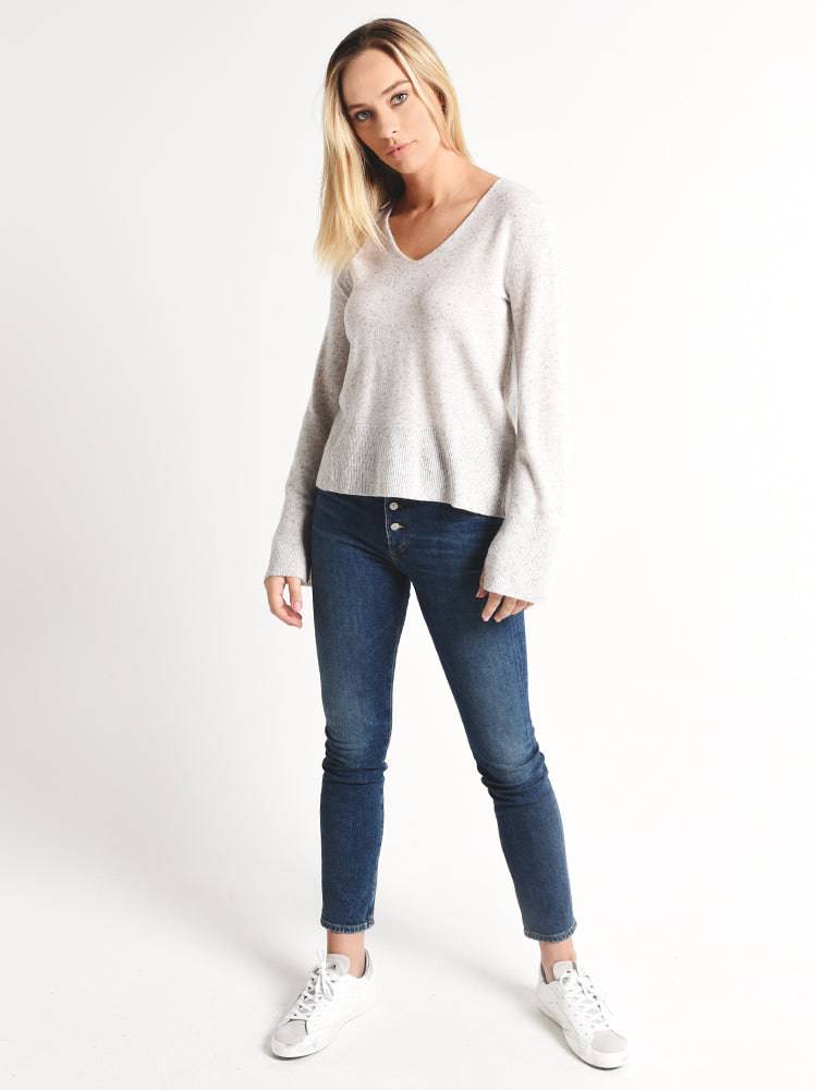 White+Warren Cashmere Slit Sleeve Tweed V Neck