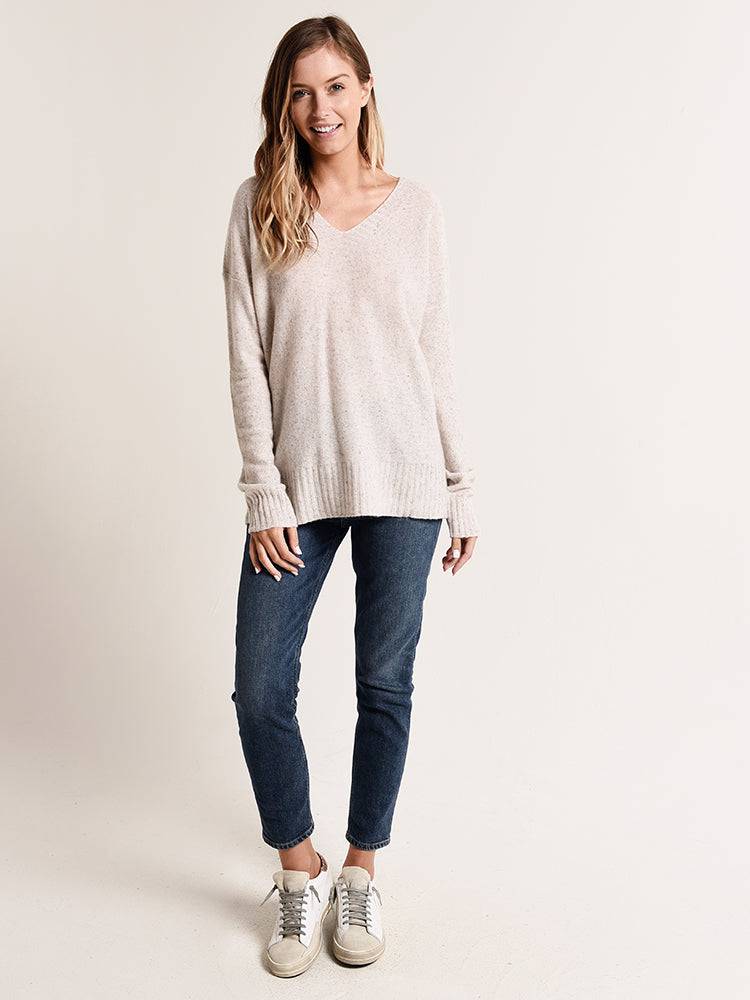 White + Warren V Neck Wide Rib Hem Sweater