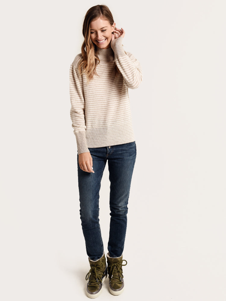 White + Warren Puff Sleeve Striped Standneck