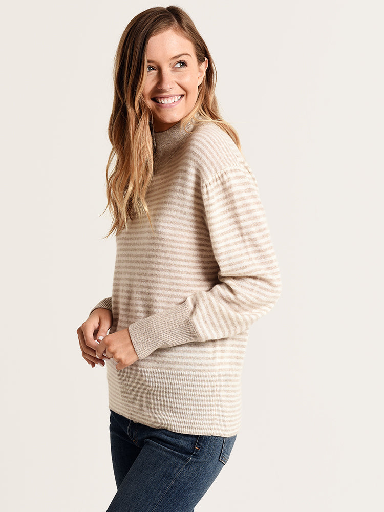 White + Warren Puff Sleeve Striped Standneck