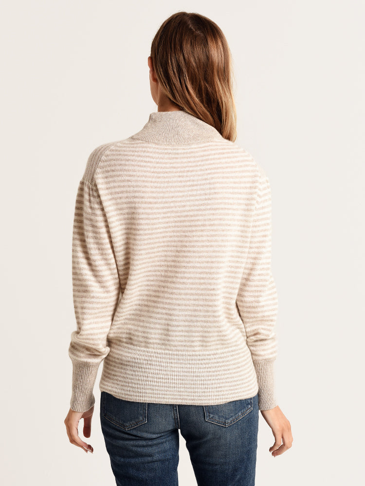 White + Warren Puff Sleeve Striped Standneck