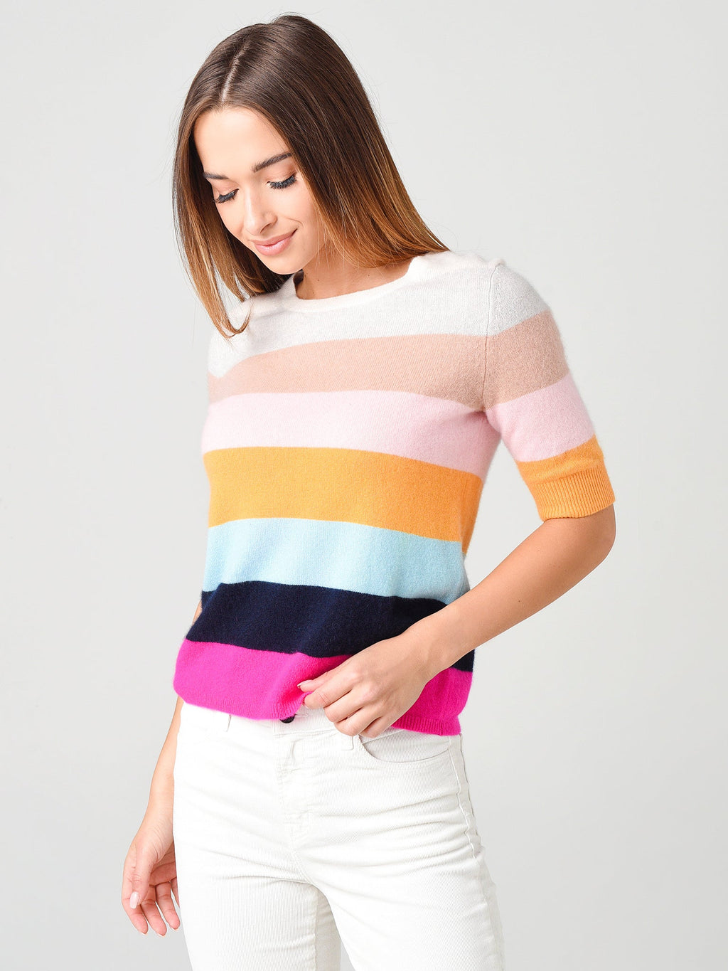 White + Warren Women's Cashmere Striped Elbow Sleeve Tee