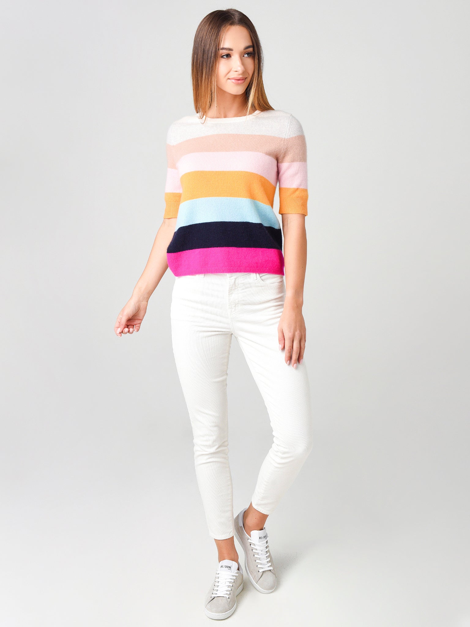 White + Warren Women's Cashmere Striped Elbow Sleeve Tee