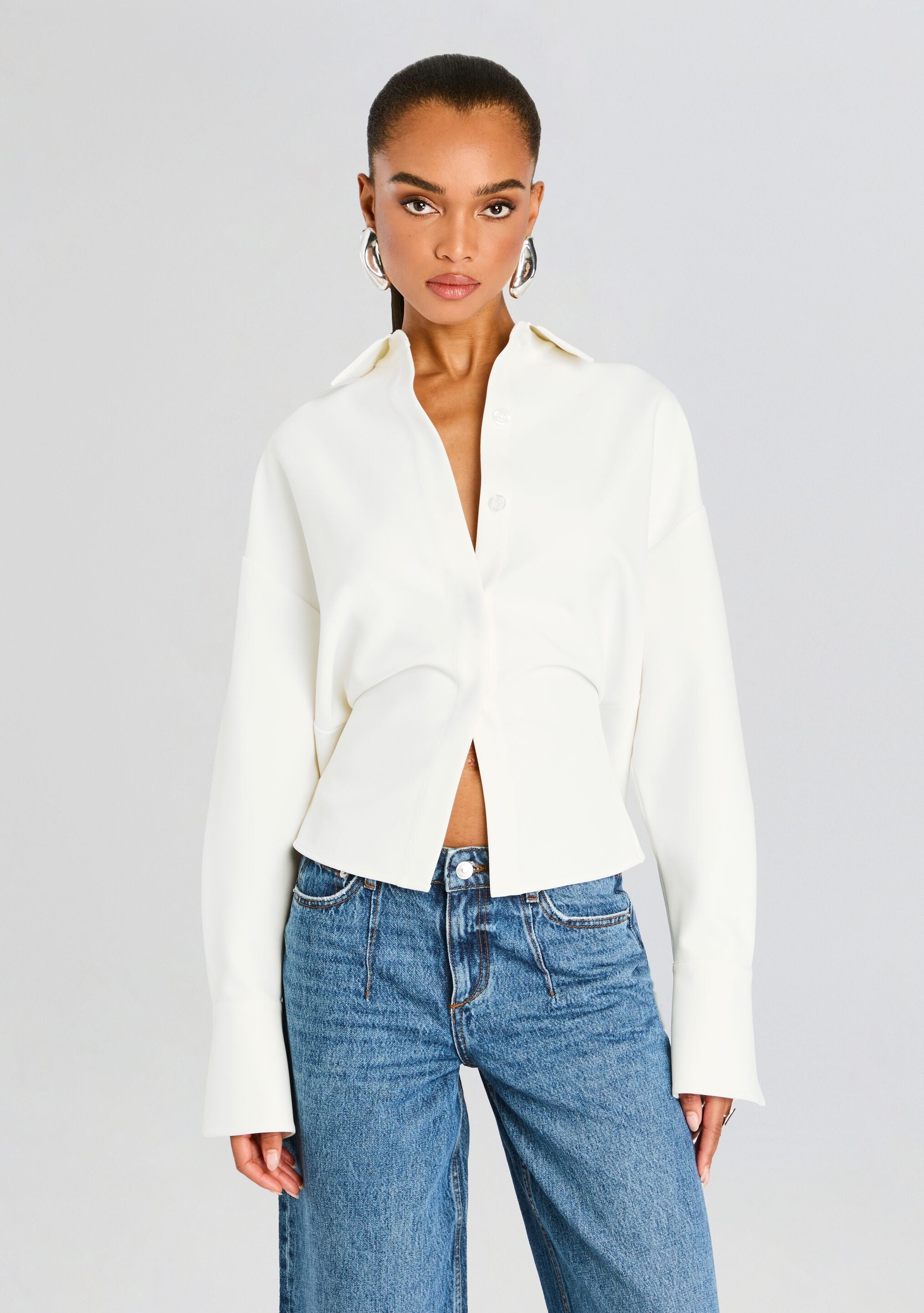 Rhia Crepe Draped Button Down