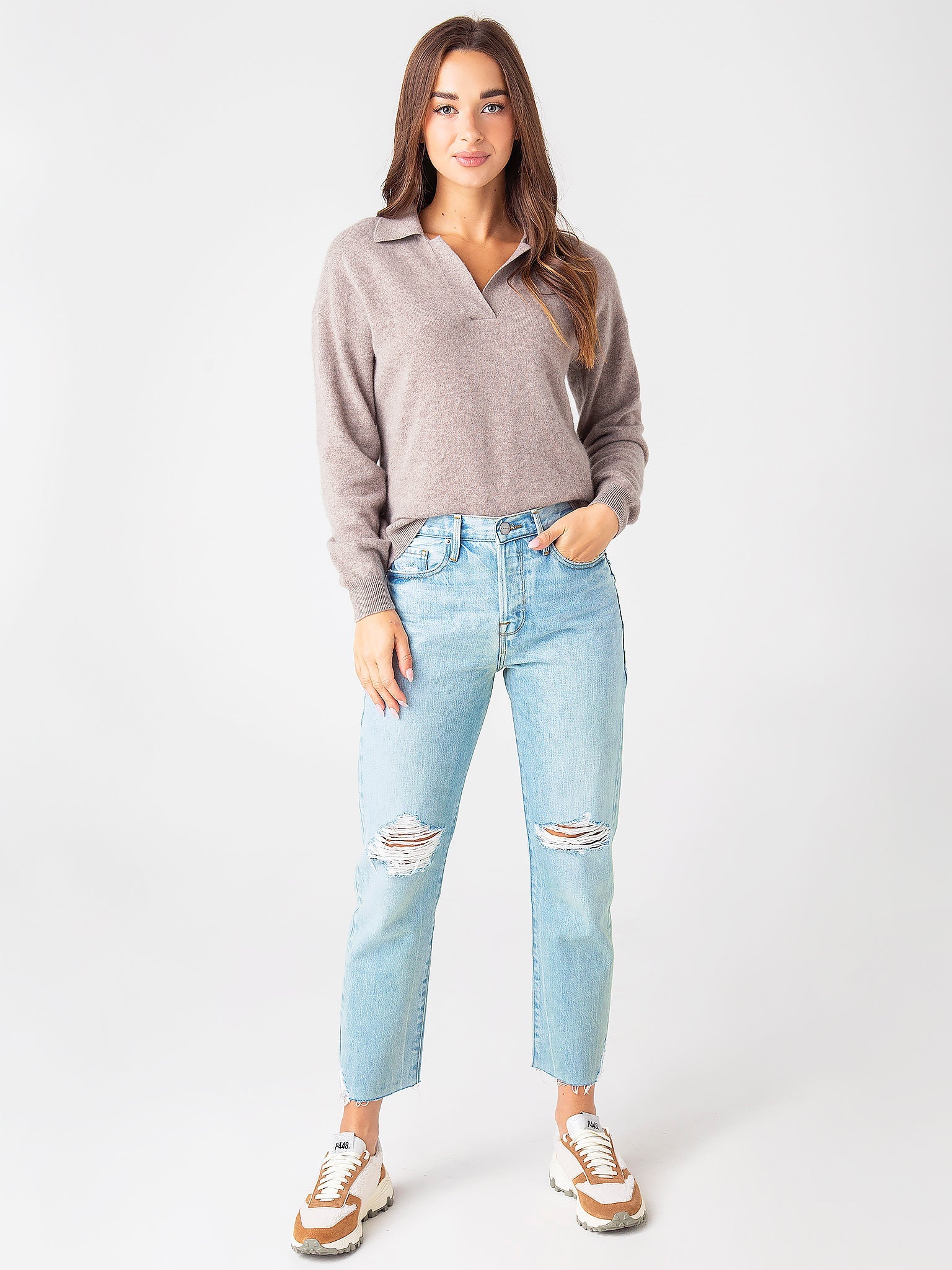 Naadam Cashmere Women's Long Sleeve V-Neck Polo