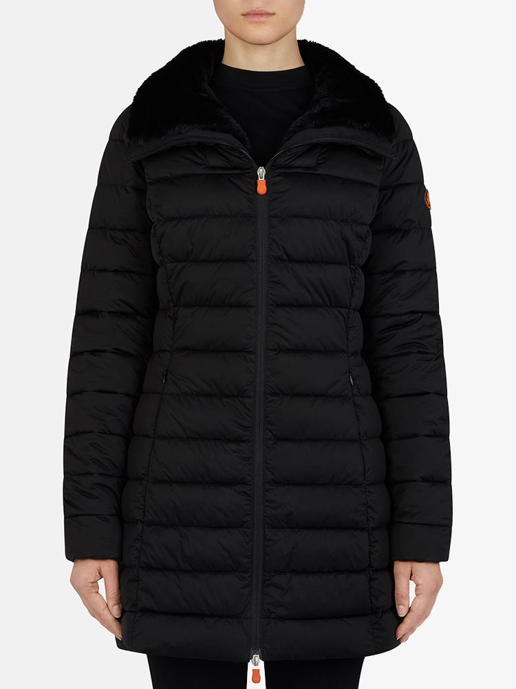 Save The Duck Women’s Sold Stand Collar Coat with Faux Fur Lining