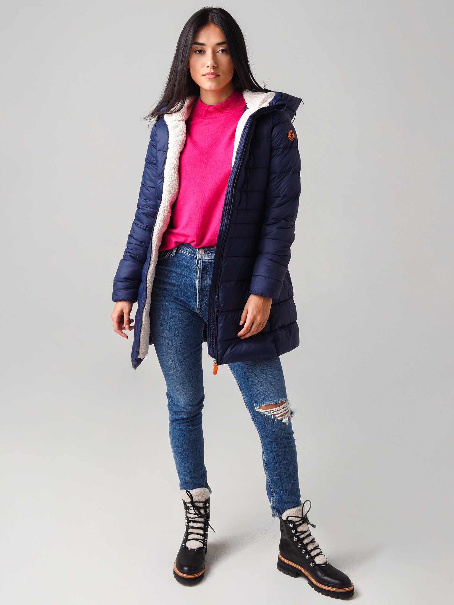 Save The Duck Women's Giga Hooded Coat With Faux Lambskin Lining